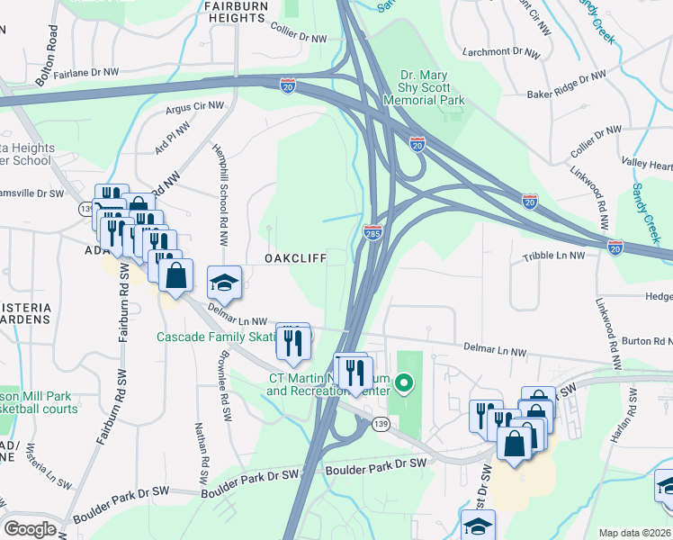 map of restaurants, bars, coffee shops, grocery stores, and more near 211 Harwell Rd NW in Atlanta