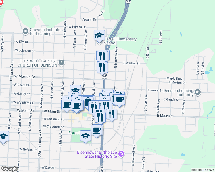 map of restaurants, bars, coffee shops, grocery stores, and more near 409 North Houston Avenue in Denison