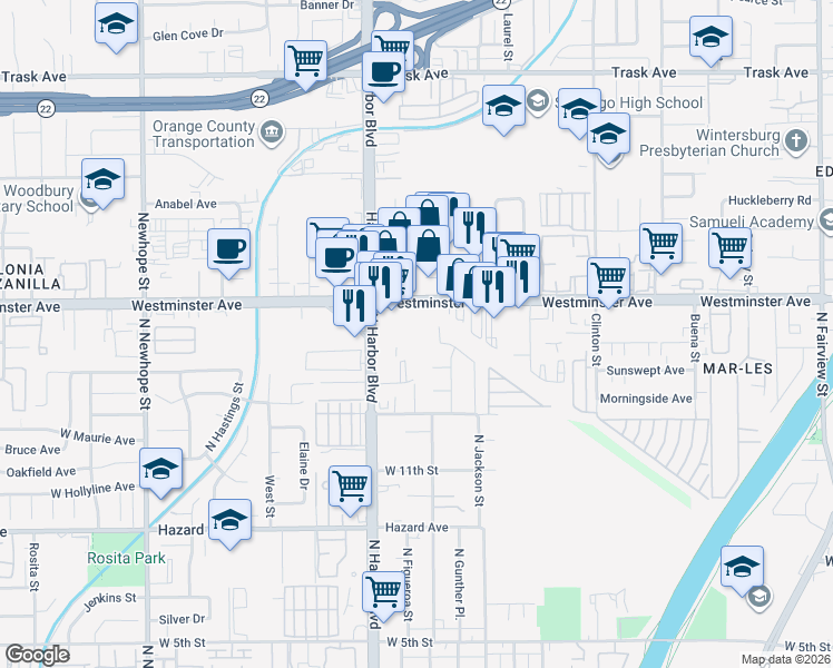 map of restaurants, bars, coffee shops, grocery stores, and more near 3630 Westminster Avenue in Santa Ana