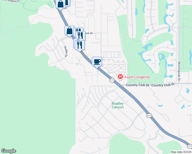 map of restaurants, bars, coffee shops, grocery stores, and more near 39910 Bird Lane in Rancho Mirage