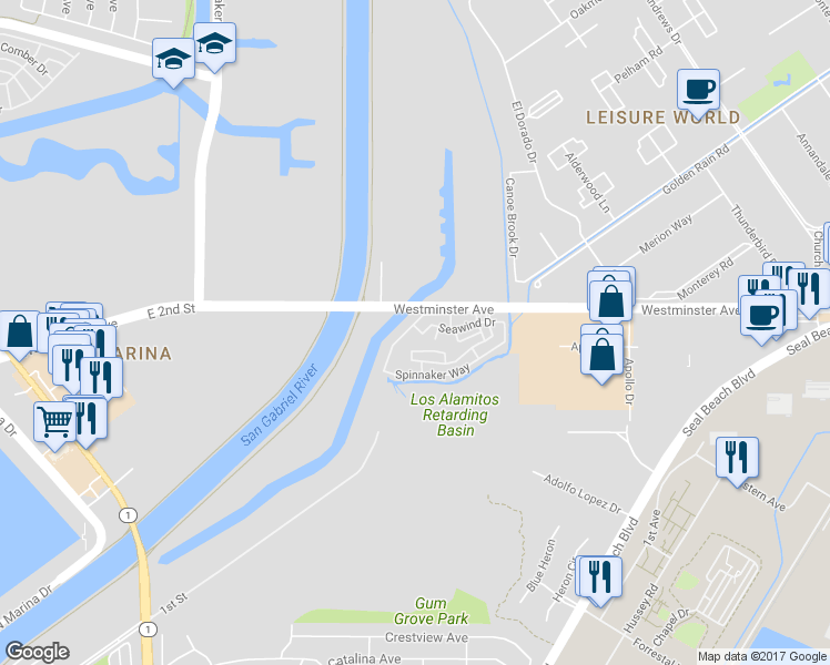map of restaurants, bars, coffee shops, grocery stores, and more near 7030 Seawind Drive in Long Beach