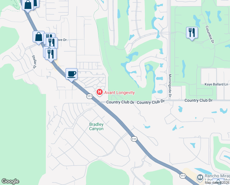 map of restaurants, bars, coffee shops, grocery stores, and more near 20 Vía Condotti in Rancho Mirage