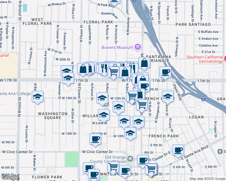 map of restaurants, bars, coffee shops, grocery stores, and more near 412 West 16th Street in Santa Ana