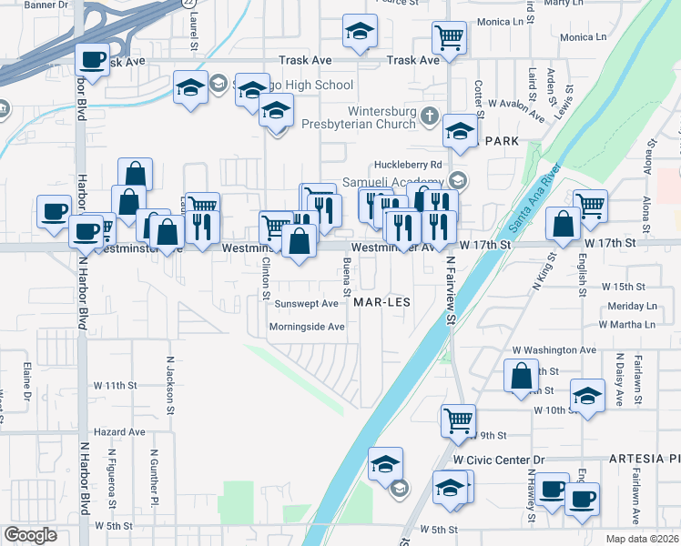 map of restaurants, bars, coffee shops, grocery stores, and more near 14061 Buena Street in Garden Grove