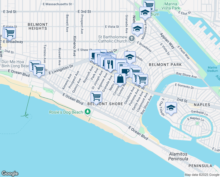 map of restaurants, bars, coffee shops, grocery stores, and more near 143 Nieto Avenue in Long Beach