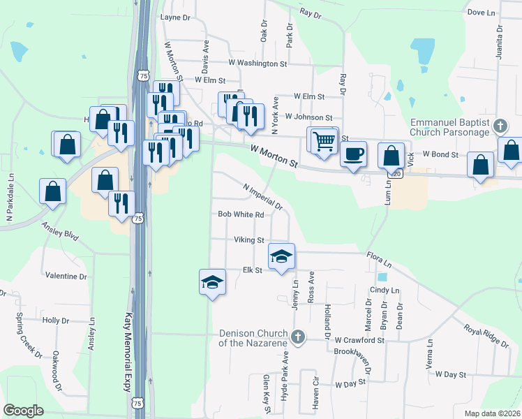 map of restaurants, bars, coffee shops, grocery stores, and more near 136 North Imperial Drive in Denison