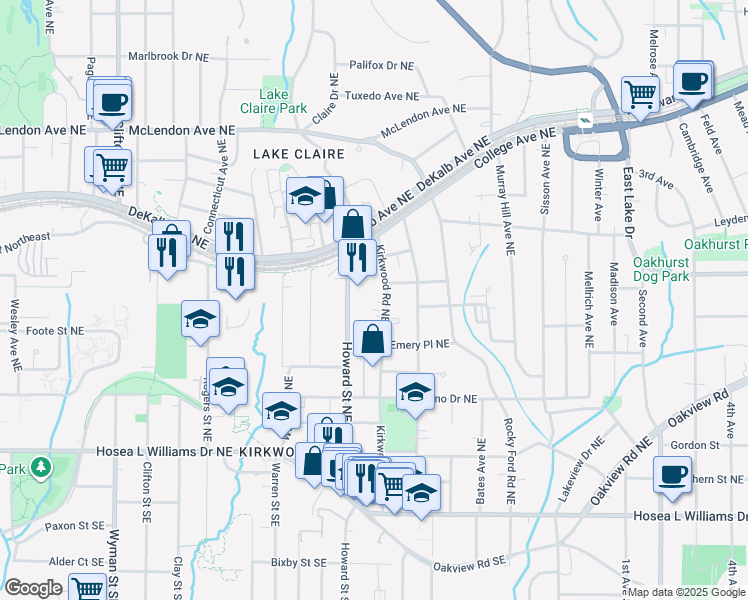 map of restaurants, bars, coffee shops, grocery stores, and more near 229 Howard Street Northeast in Atlanta