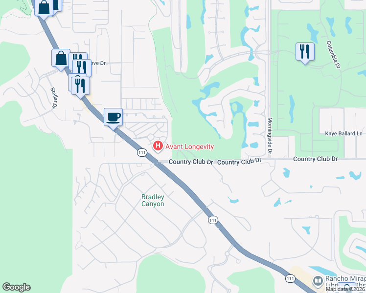 map of restaurants, bars, coffee shops, grocery stores, and more near 20 Vía Condotti in Rancho Mirage