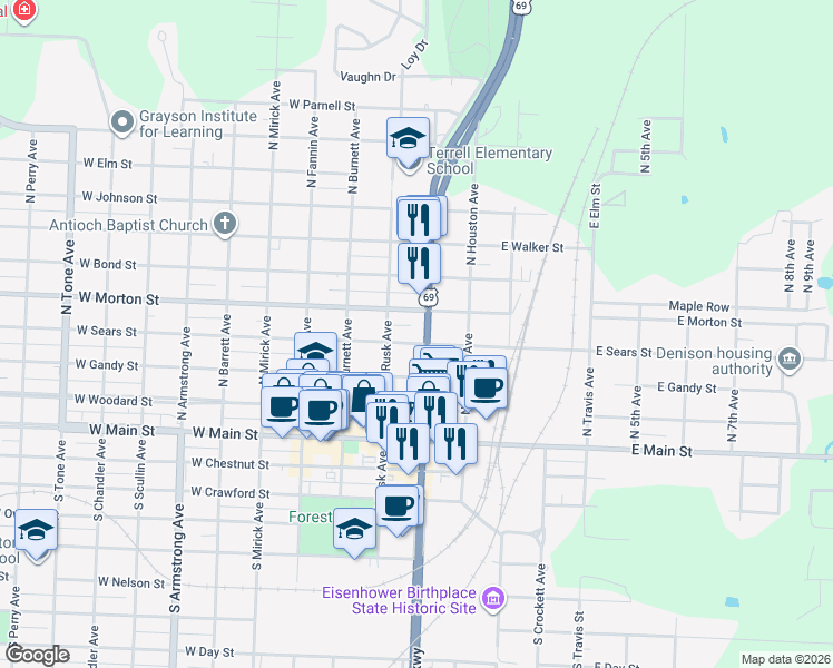map of restaurants, bars, coffee shops, grocery stores, and more near 401 North Austin Avenue in Denison