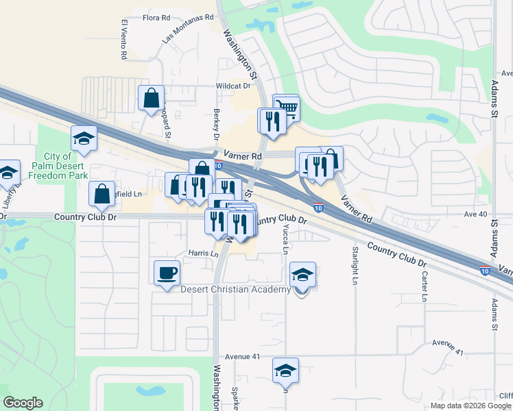 map of restaurants, bars, coffee shops, grocery stores, and more near 106 Washington Street in Indio