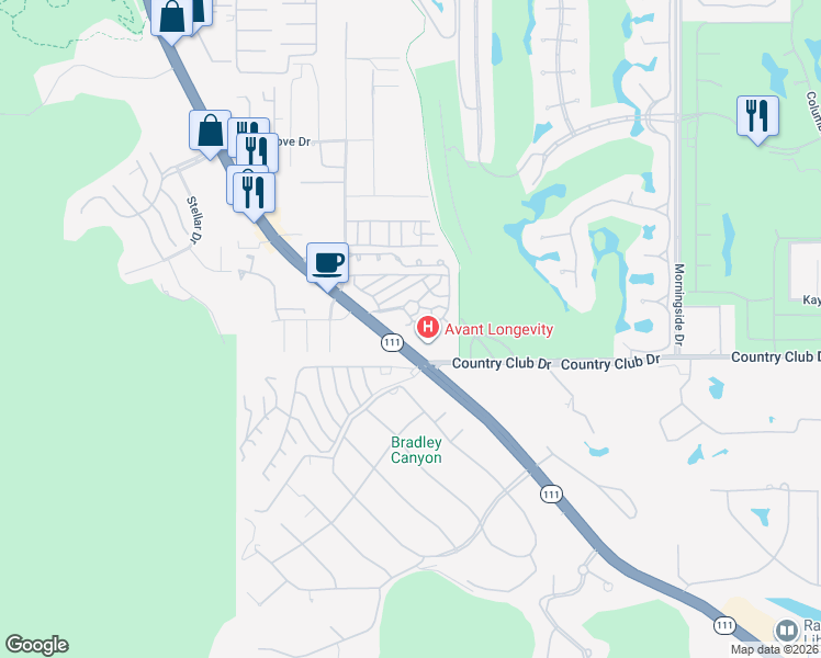 map of restaurants, bars, coffee shops, grocery stores, and more near 70260 California 111 in Rancho Mirage