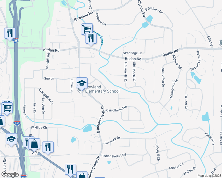 map of restaurants, bars, coffee shops, grocery stores, and more near 1236 Mohican Trail in Stone Mountain