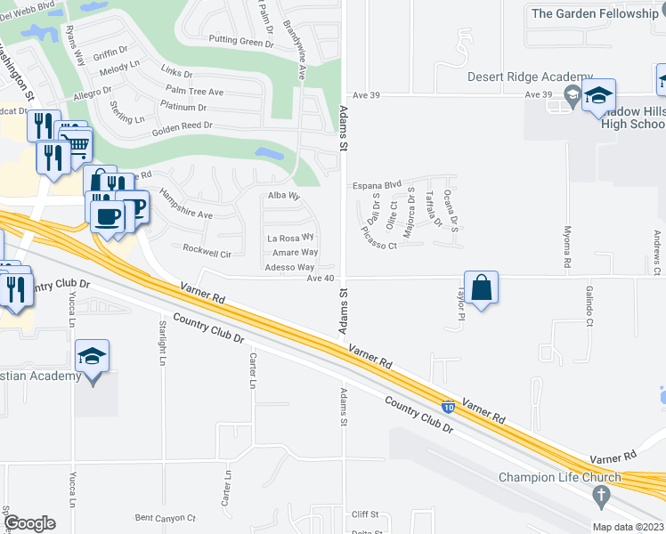map of restaurants, bars, coffee shops, grocery stores, and more near 78930 Adesso Way in Palm Desert