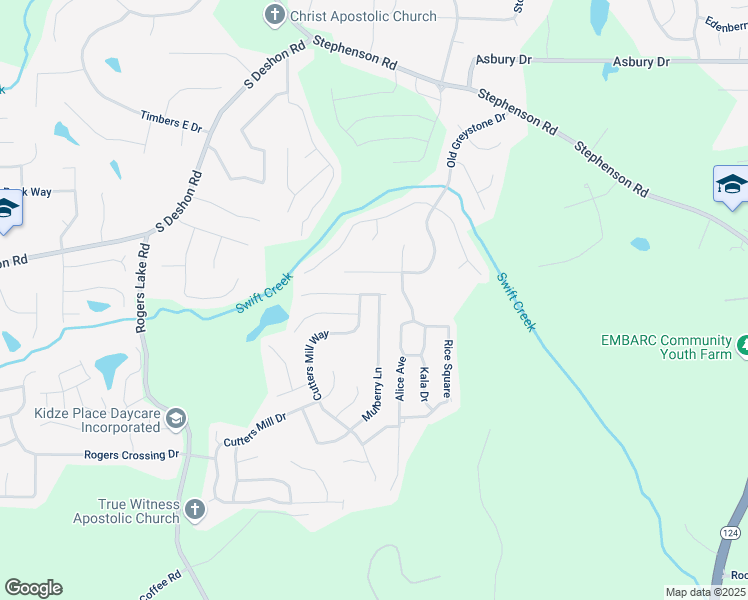 map of restaurants, bars, coffee shops, grocery stores, and more near 7104 Red Maple Lane in Lithonia