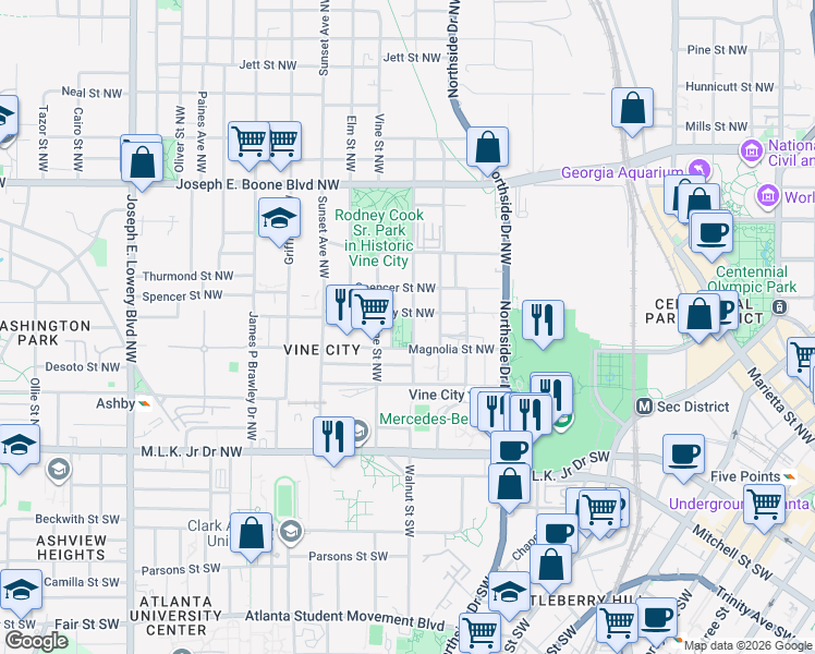 map of restaurants, bars, coffee shops, grocery stores, and more near 165 Walnut Street Northwest in Atlanta