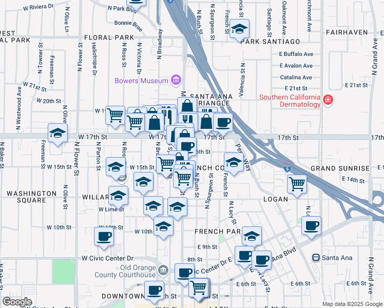 map of restaurants, bars, coffee shops, grocery stores, and more near 116 East 16th Street in Santa Ana