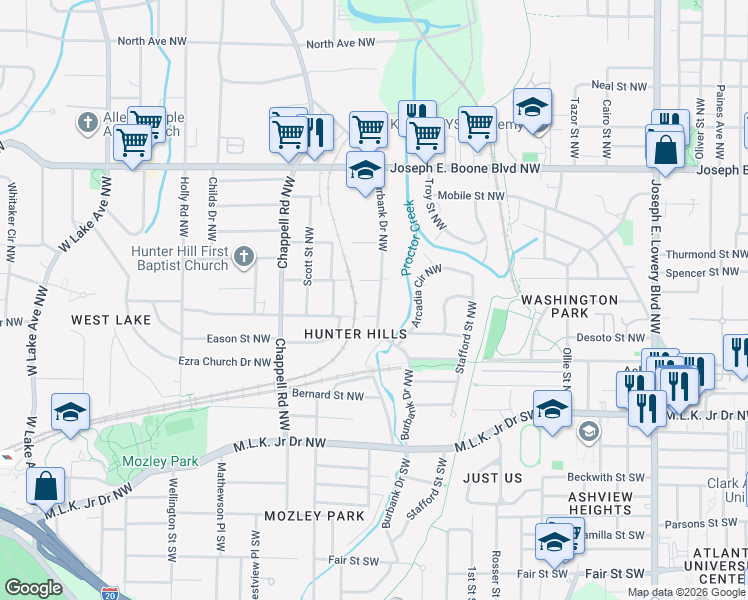 map of restaurants, bars, coffee shops, grocery stores, and more near 136 Burbank Drive Northwest in Atlanta