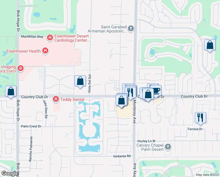 map of restaurants, bars, coffee shops, grocery stores, and more near 72750 Country Club Drive in Rancho Mirage