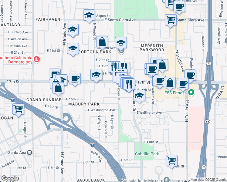 map of restaurants, bars, coffee shops, grocery stores, and more near 1610 Mabury Street in Santa Ana