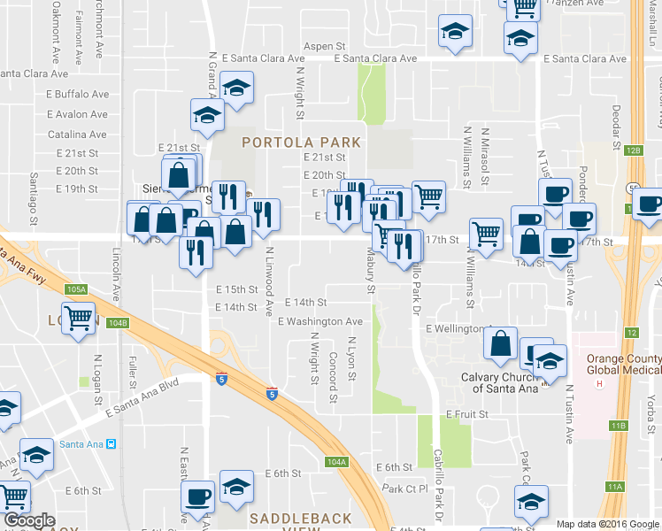 map of restaurants, bars, coffee shops, grocery stores, and more near 1600 17th Street in Santa Ana