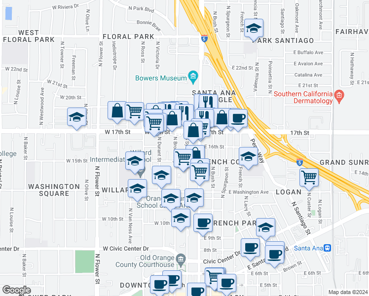 map of restaurants, bars, coffee shops, grocery stores, and more near 1524 North Sycamore Street in Santa Ana