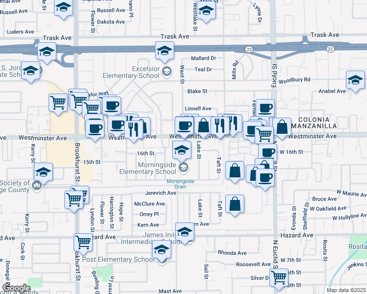 map of restaurants, bars, coffee shops, grocery stores, and more near 10581 Keel Avenue in Garden Grove