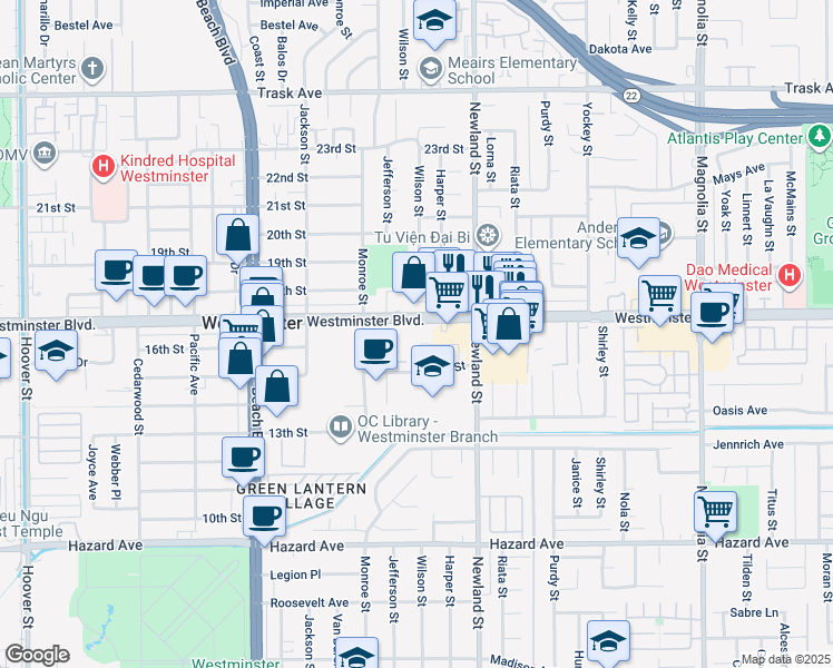 map of restaurants, bars, coffee shops, grocery stores, and more near 8308 Westminster Boulevard in Westminster
