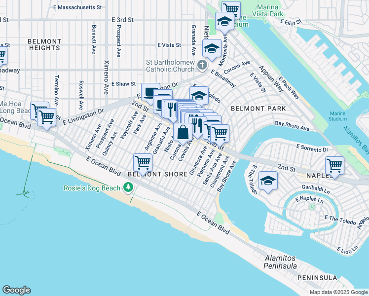 map of restaurants, bars, coffee shops, grocery stores, and more near 157 Corona Avenue in Long Beach