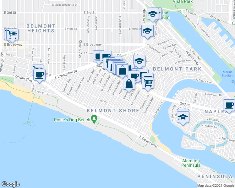 map of restaurants, bars, coffee shops, grocery stores, and more near 142 Granada Avenue in Long Beach