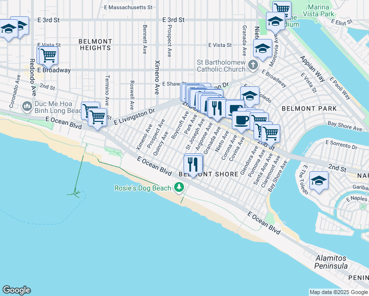map of restaurants, bars, coffee shops, grocery stores, and more near 124 Saint Joseph Avenue in Long Beach