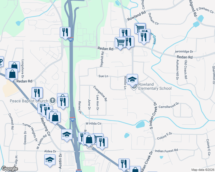 map of restaurants, bars, coffee shops, grocery stores, and more near 1192 Nancy Lee Way in Decatur
