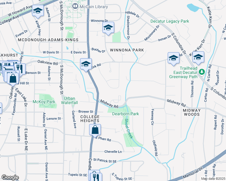 map of restaurants, bars, coffee shops, grocery stores, and more near 333 Mimosa Drive in Decatur