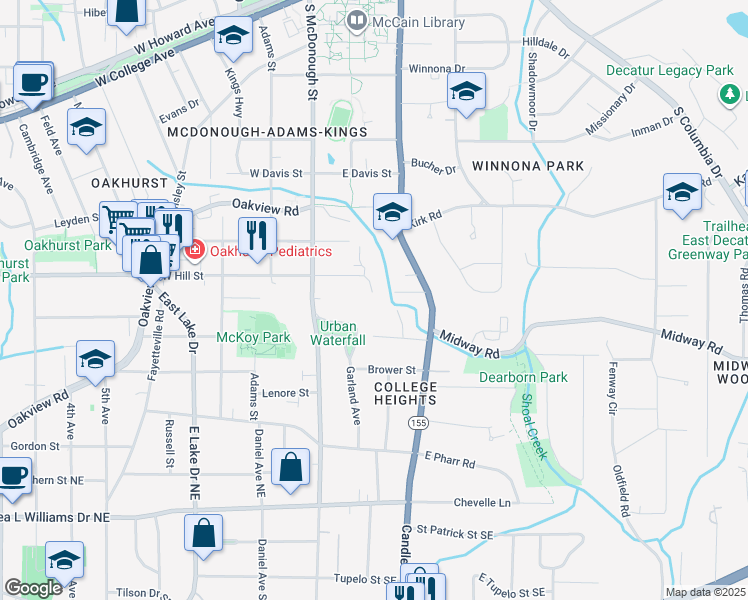 map of restaurants, bars, coffee shops, grocery stores, and more near 139 East Hill Street in Decatur