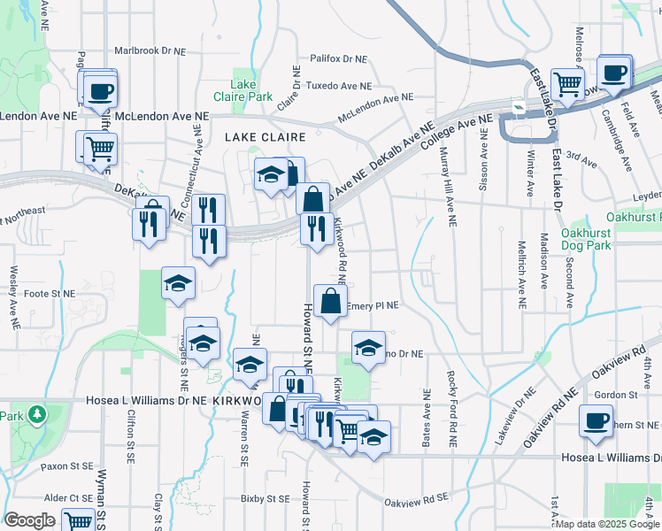 map of restaurants, bars, coffee shops, grocery stores, and more near 229 Howard Street Northeast in Atlanta