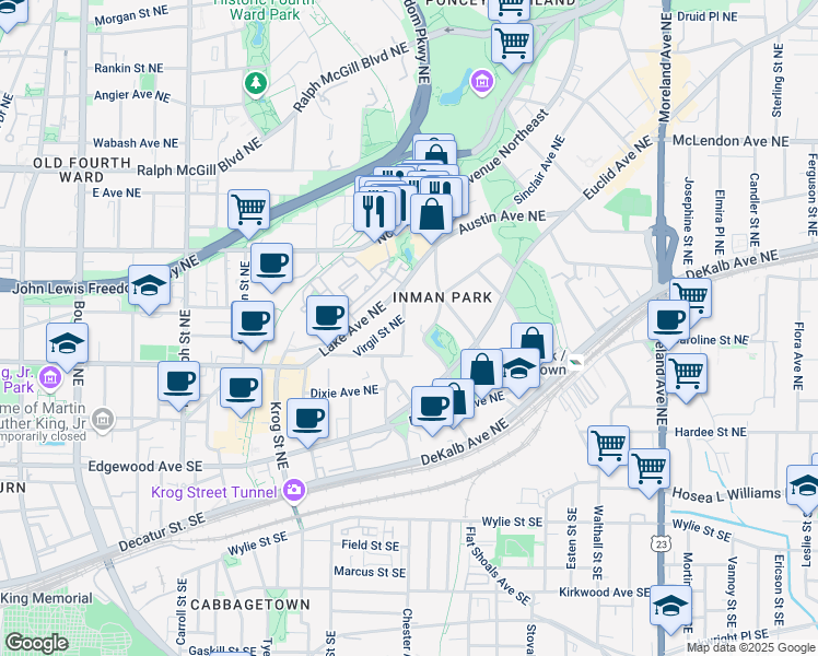 map of restaurants, bars, coffee shops, grocery stores, and more near 165 Hale Street Northeast in Atlanta