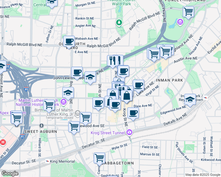 map of restaurants, bars, coffee shops, grocery stores, and more near 638 McGruder Street Northeast in Atlanta