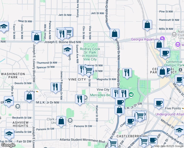 map of restaurants, bars, coffee shops, grocery stores, and more near 154 Graves Street Northwest in Atlanta