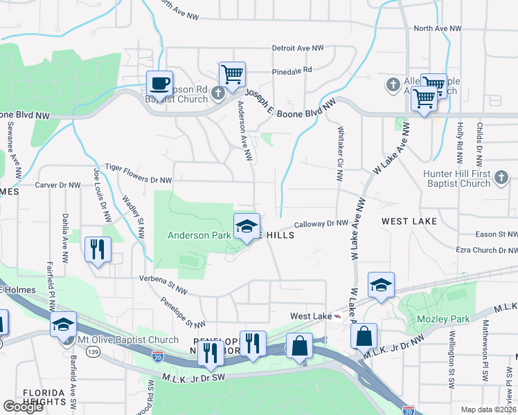 map of restaurants, bars, coffee shops, grocery stores, and more near 165 Anderson Avenue Northwest in Atlanta