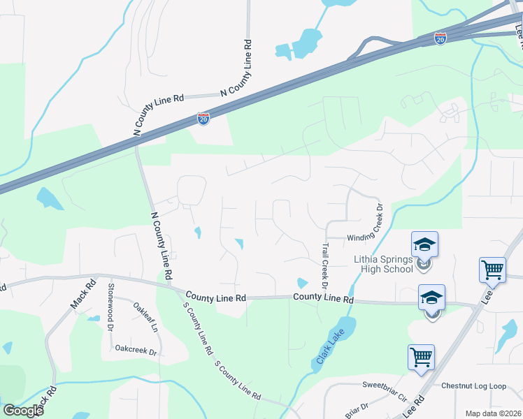map of restaurants, bars, coffee shops, grocery stores, and more near 1620 Olde Spring Trail in Lithia Springs