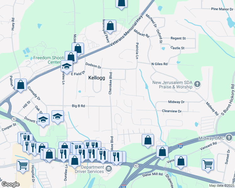 map of restaurants, bars, coffee shops, grocery stores, and more near 1731 Dogwood Trail in Douglasville