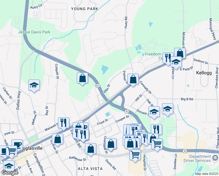 map of restaurants, bars, coffee shops, grocery stores, and more near 6248 Ellis Street in Douglasville