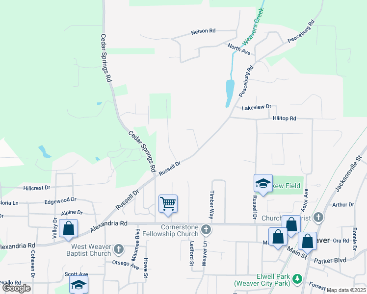map of restaurants, bars, coffee shops, grocery stores, and more near 1227 Russell Drive in Weaver