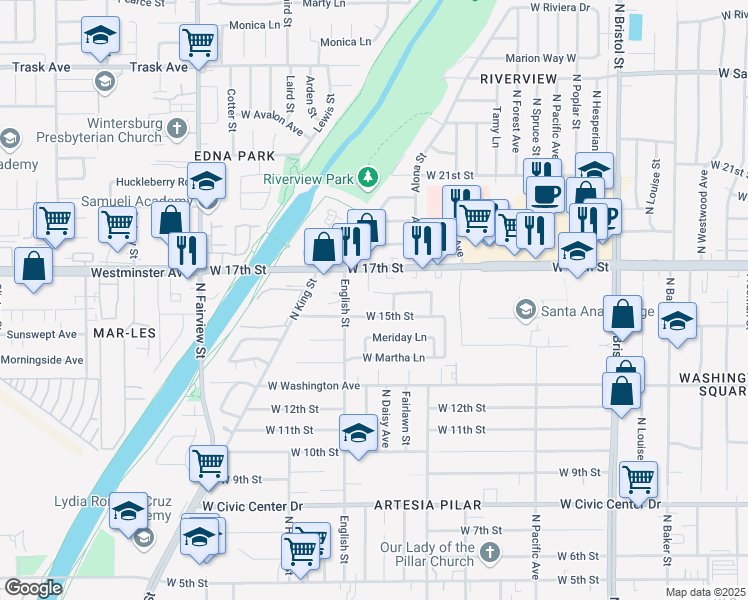 map of restaurants, bars, coffee shops, grocery stores, and more near 1916 West 16th Street in Santa Ana