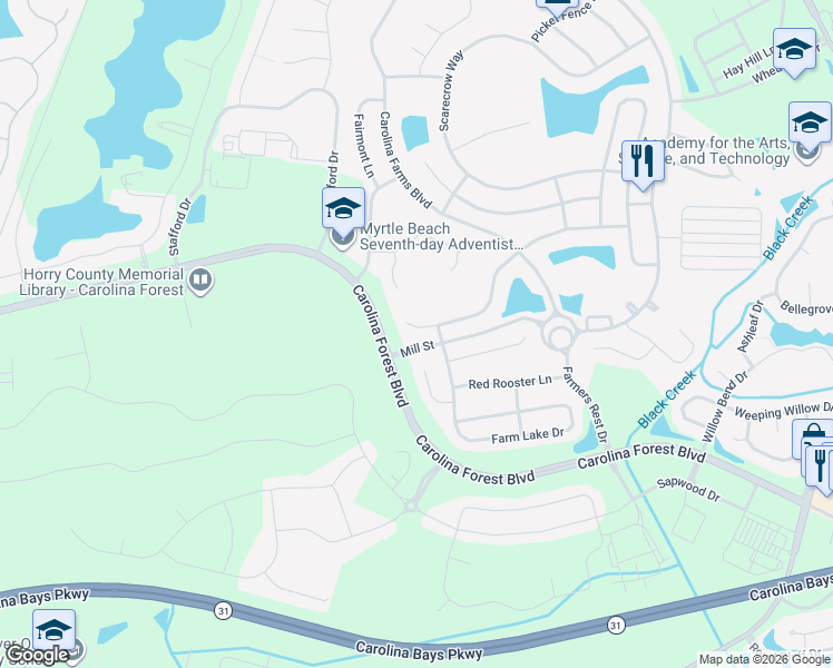 map of restaurants, bars, coffee shops, grocery stores, and more near 2475 Windmill Way in Myrtle Beach