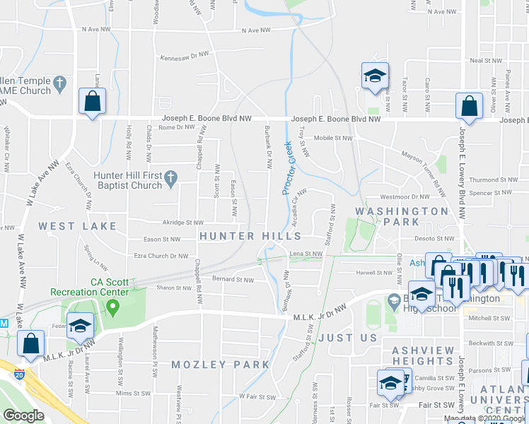 map of restaurants, bars, coffee shops, grocery stores, and more near 136 Burbank Drive Northwest in Atlanta