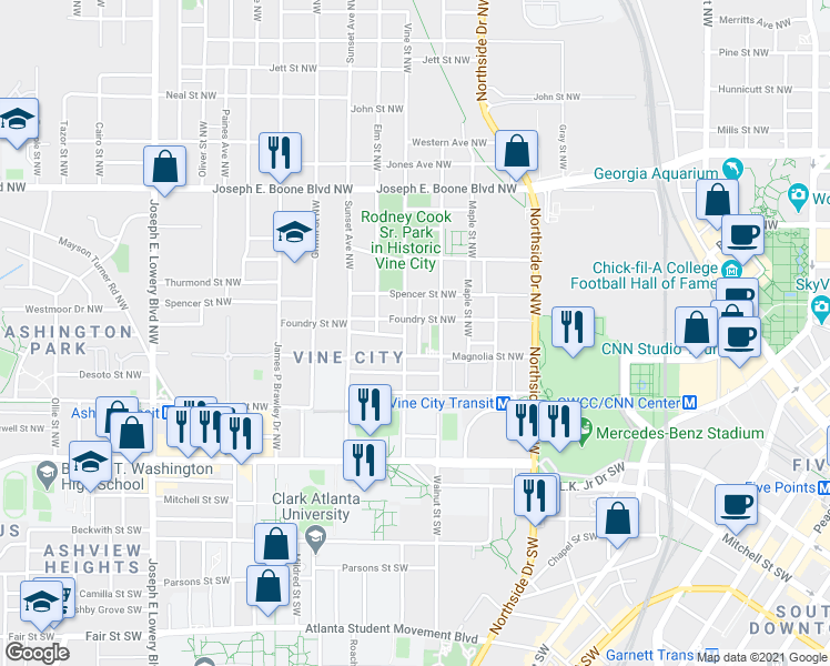 map of restaurants, bars, coffee shops, grocery stores, and more near 154 Graves Street Northwest in Atlanta