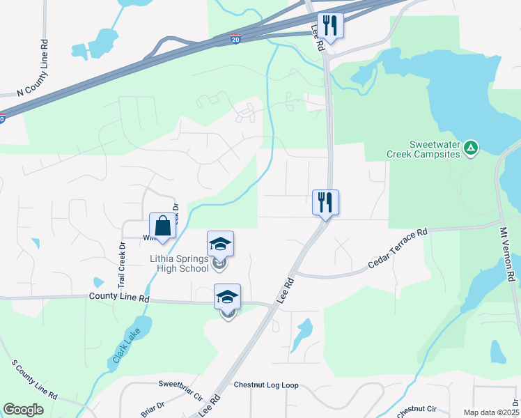 map of restaurants, bars, coffee shops, grocery stores, and more near 2448 Falls River Drive in Lithia Springs
