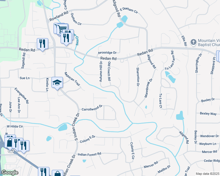 map of restaurants, bars, coffee shops, grocery stores, and more near 4261 Autumn Hill Drive in Stone Mountain