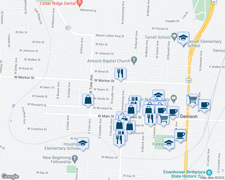 map of restaurants, bars, coffee shops, grocery stores, and more near 398 North Scullin Avenue in Denison