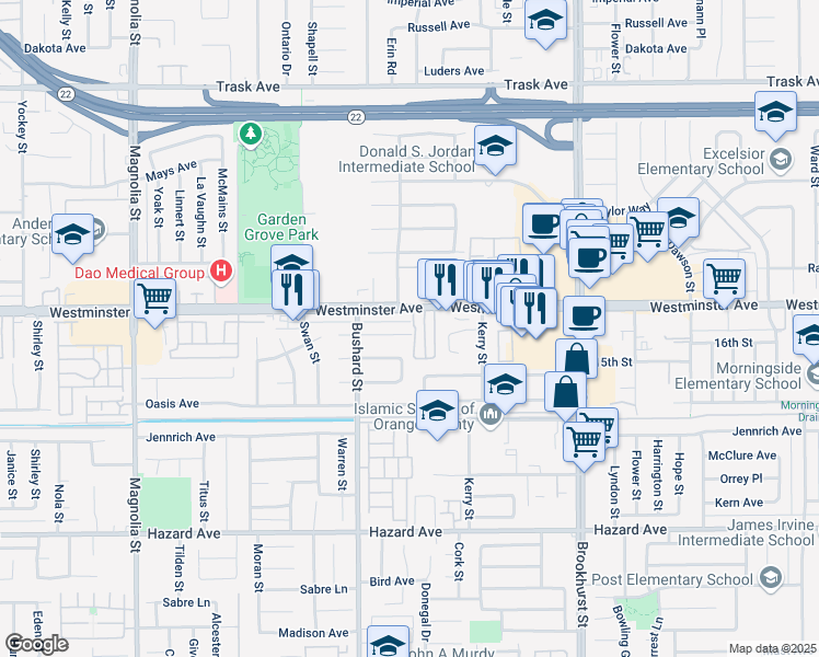 map of restaurants, bars, coffee shops, grocery stores, and more near 9611 Sutherland Way in Garden Grove